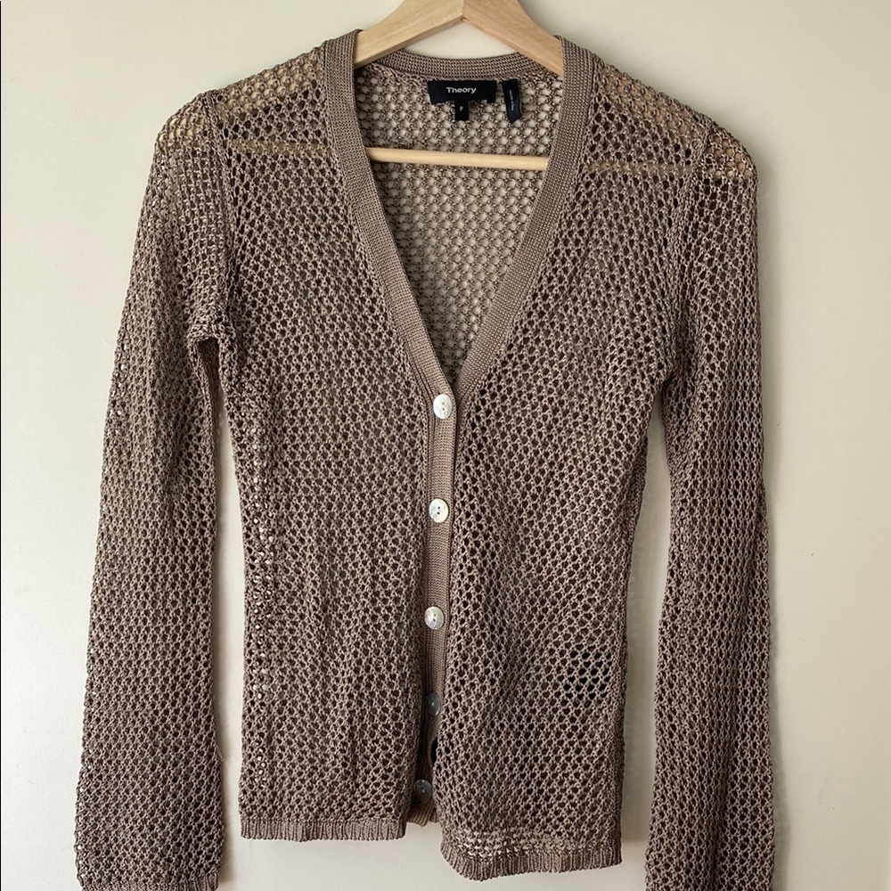 Theory 🤎 🌟 Tan Cardigan Sweater with V-Neck and Ribbed Trim Size P